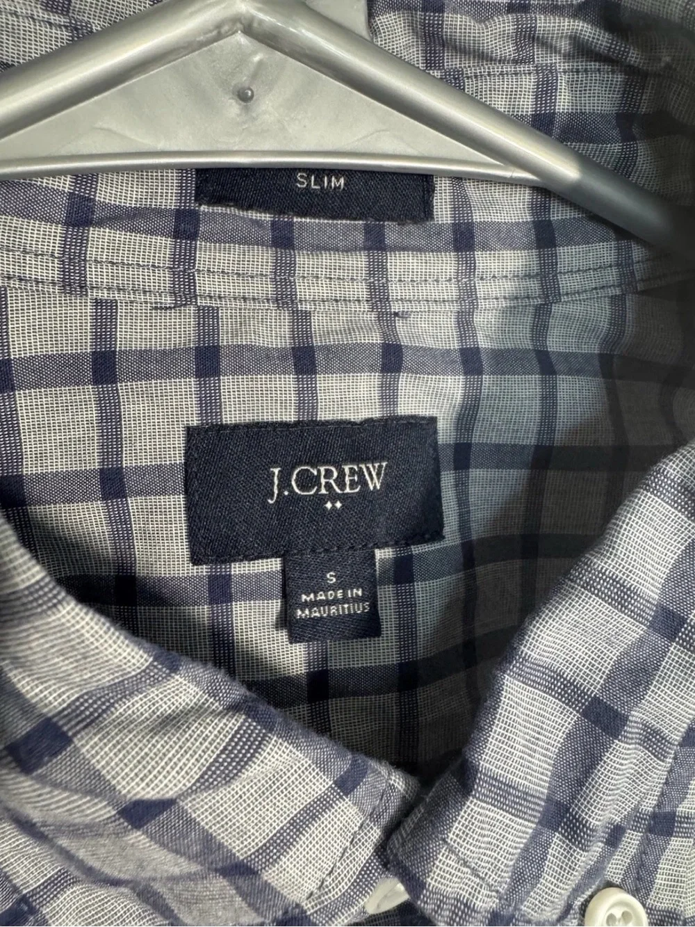J. Crew Men's Gray and Navy Plaid Button-Down Shirt